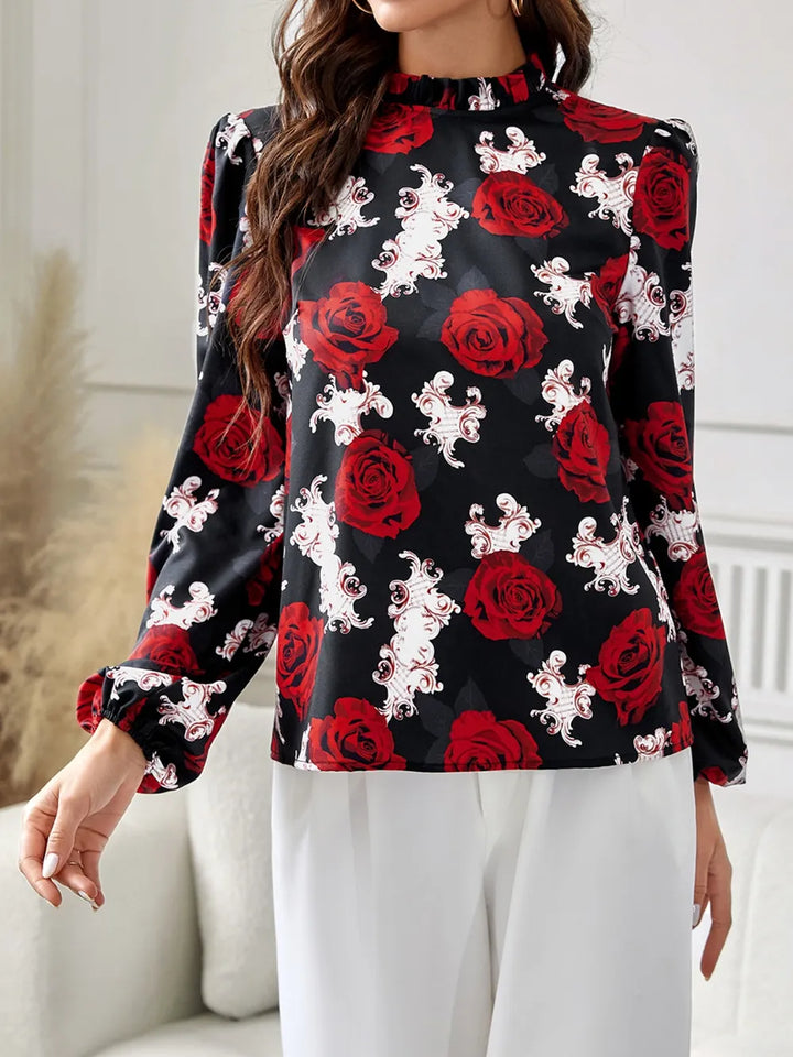 Ludowika Frill Floral Mock Neck Long Sleeve Top
