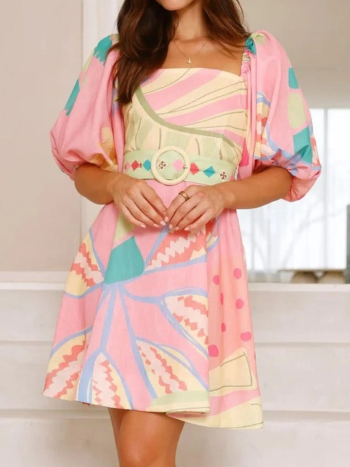 Ludowika Colorful Print Belted Mini Dress with Puff Sleeves