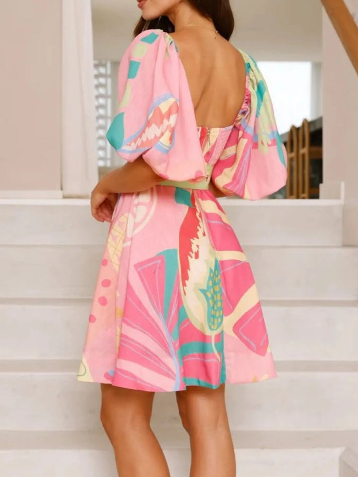 Ludowika Colorful Print Belted Mini Dress with Puff Sleeves