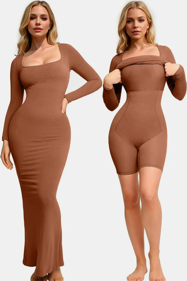 Ludowika Built-In Shapewear Square Neck Long Sleeve Maxi Dress