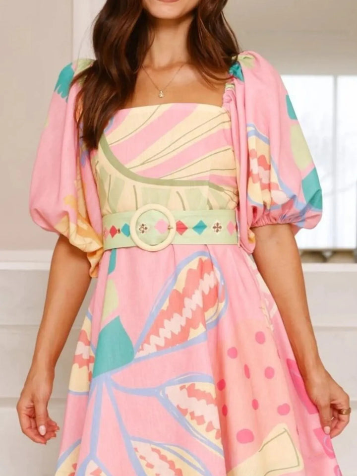 Ludowika Colorful Print Belted Mini Dress with Puff Sleeves