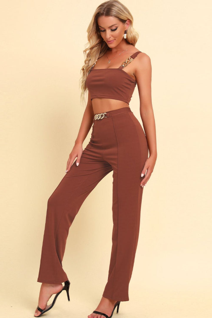 Ludowika Chain Detail Cropped Cami and Straight Leg Pants Set