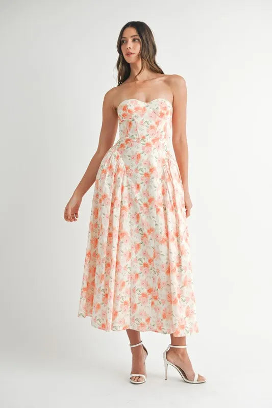 Sweetheart Neckline Floral Printed Midi Dress - Ludowika 