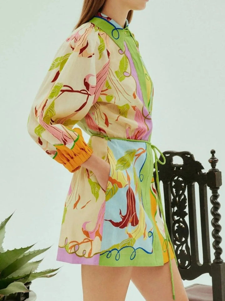 Ludowika Abstract Print Tie Front Mini Shirt Dress with Pockets