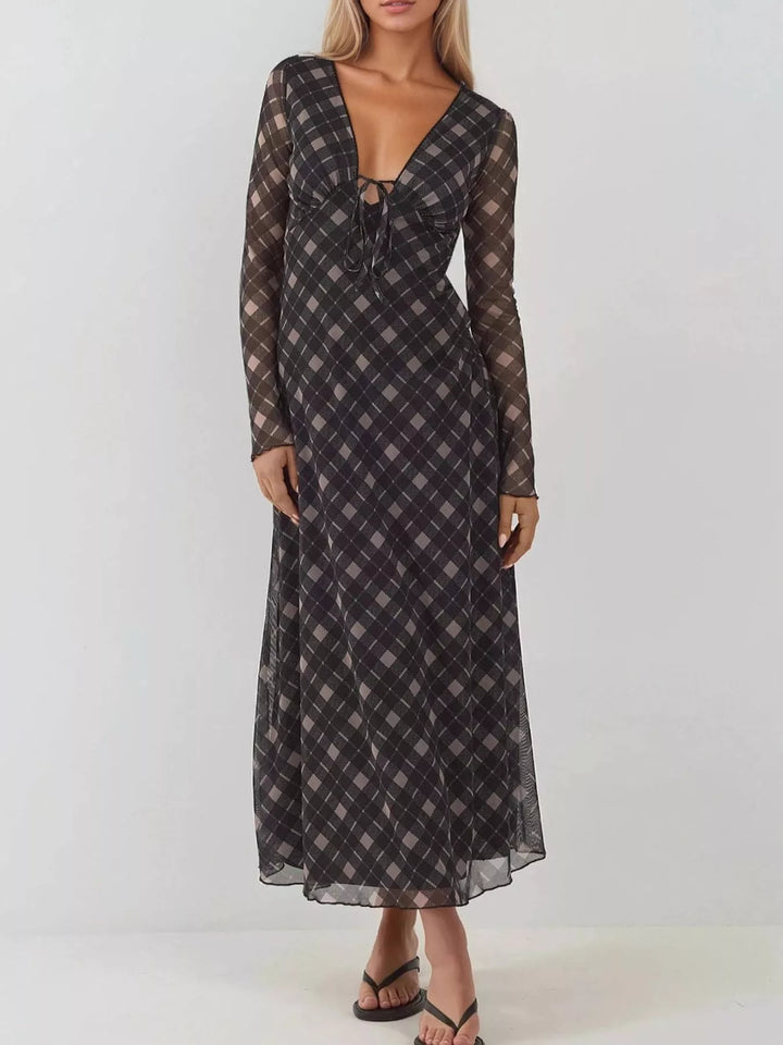 Ludowika Tie Front Plaid Long Sleeve Dress