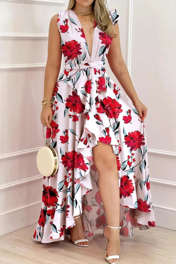 Ludowika Ruffled Plunge Sleeveless Maxi Dress