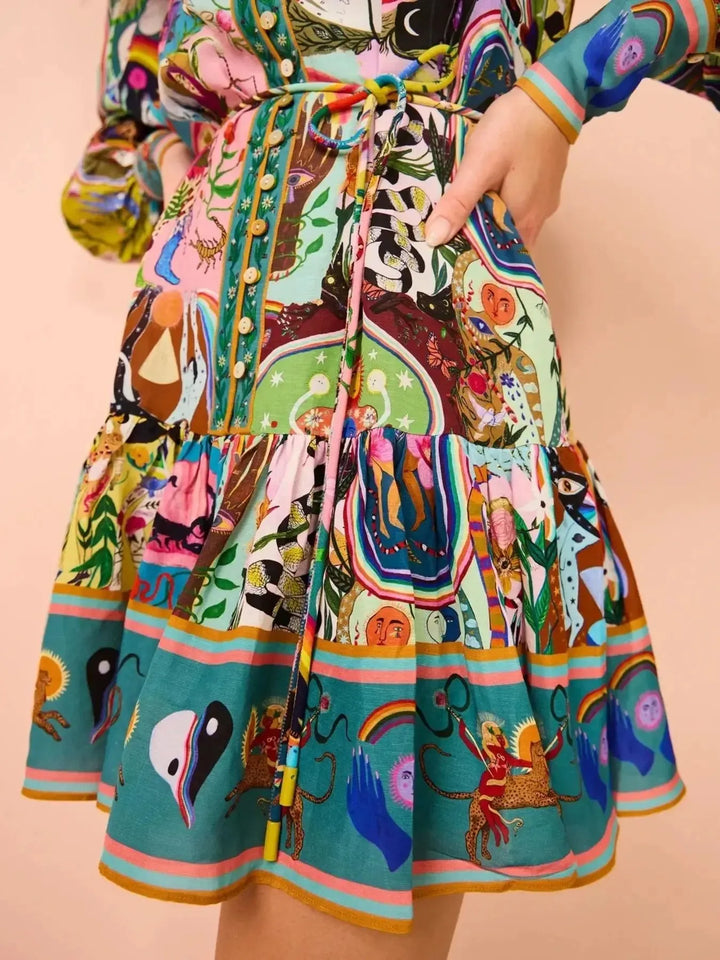 Ludowika Printed Long Sleeve Mini Dress with Belt
