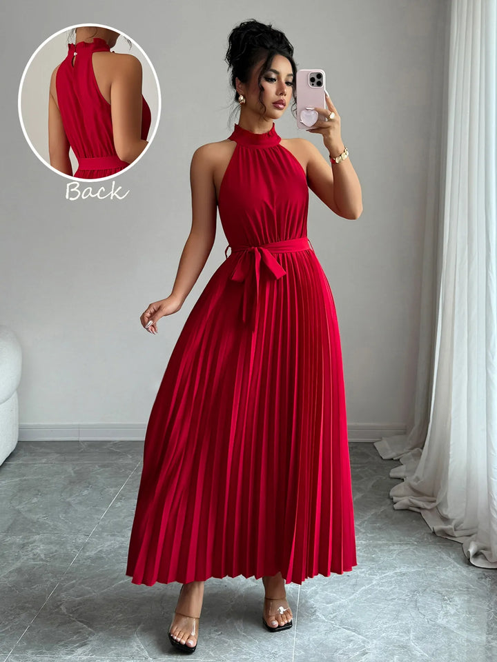 Ludowika Pleated Halter Neck Tie Waist Maxi Dress
