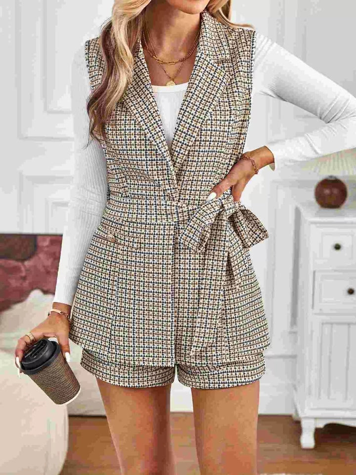 Ludowika Houndstooth Lapel Collar Vest Coat and Shorts Set