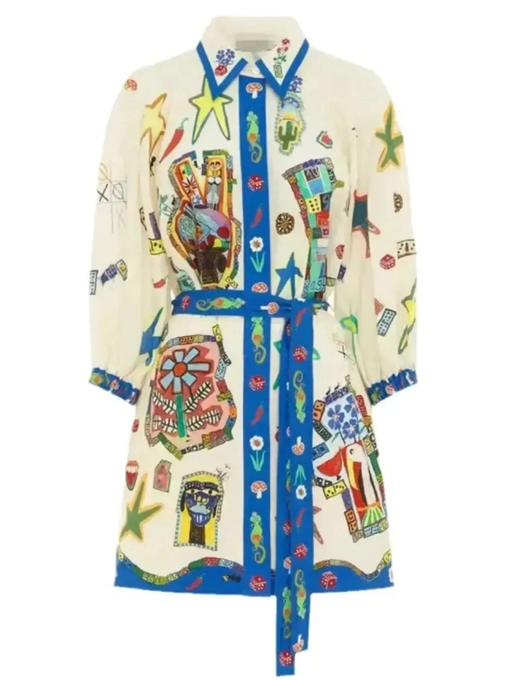 Ludowika Printed Tie Waist Mini Shirt Dress