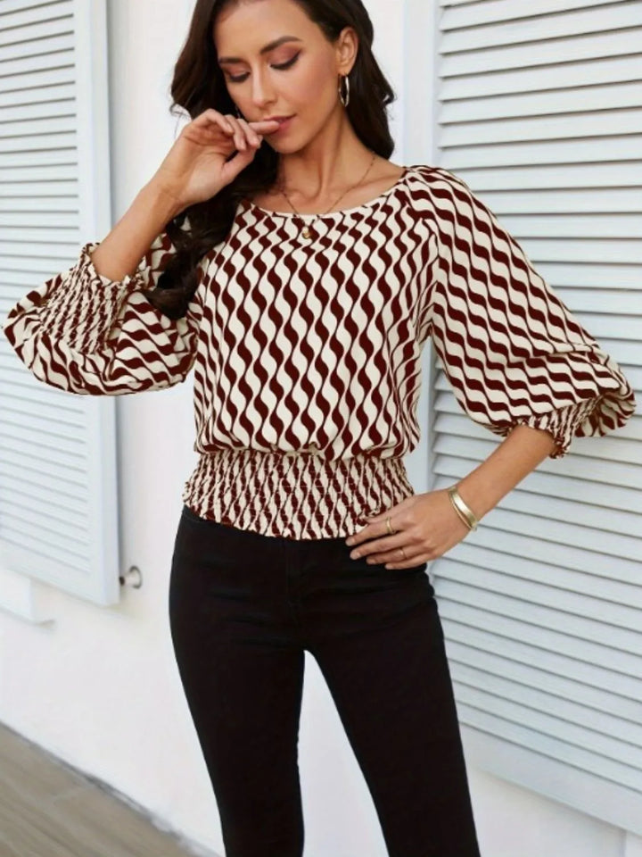 Ludowika Geometric Print Lantern Sleeve Smocked Waist Blouse