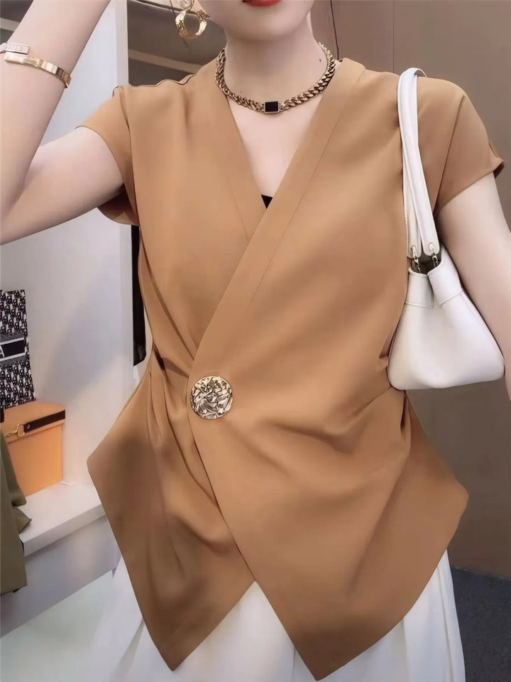 Ludowika Plus Size Wrap Front Blouse with Decorative Button Detail