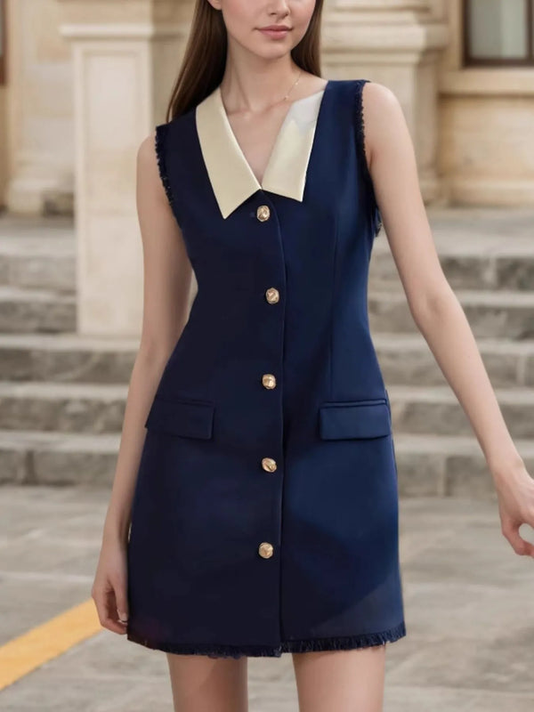 Ludowika Contrast Collar Button-Front Sleeveless Mini Dress
