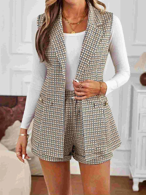 Ludowika Tied Plaid Collared Neck Vest and Shorts Set