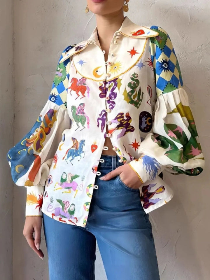 Ludowika Printed Button Up Lantern Sleeve Shirt