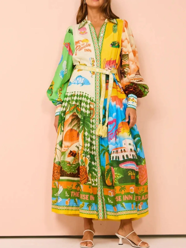 Ludowika Printed Lantern Sleeve Midi Shirt Dress
