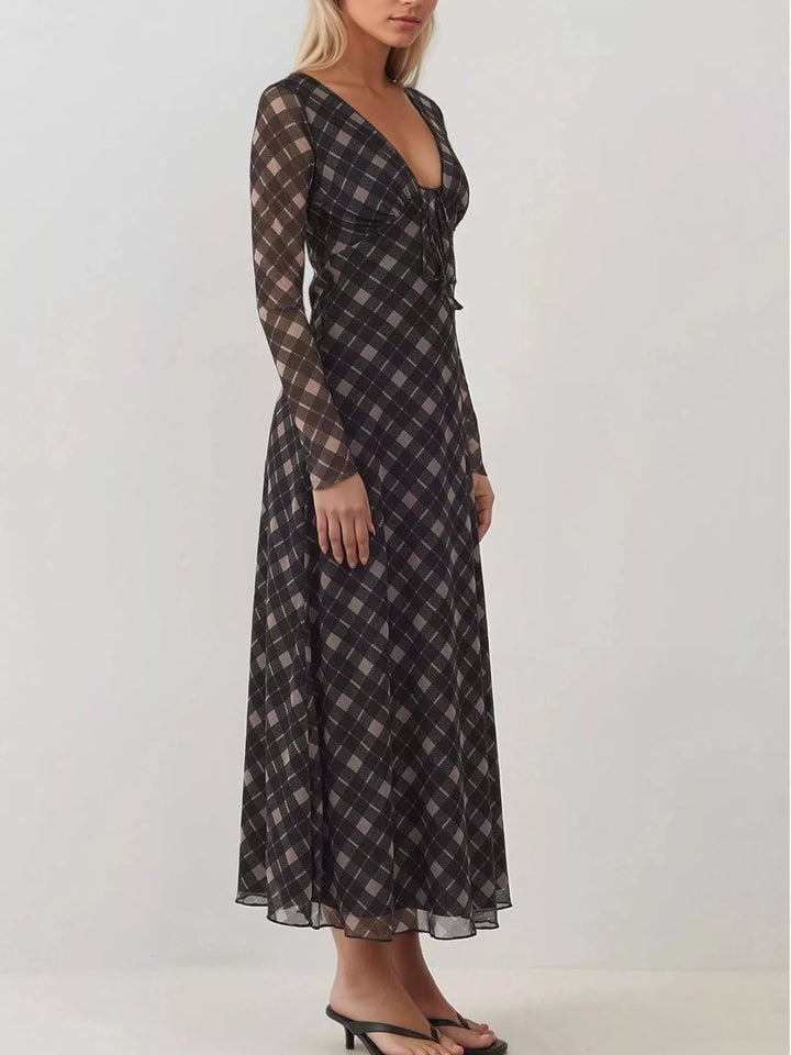 Ludowika Tie Front Plaid Long Sleeve Dress