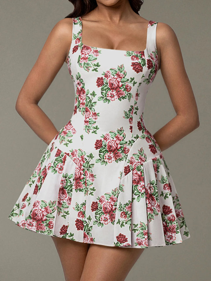 Ludowika Pleated Floral Print Square Neck Mini Dress