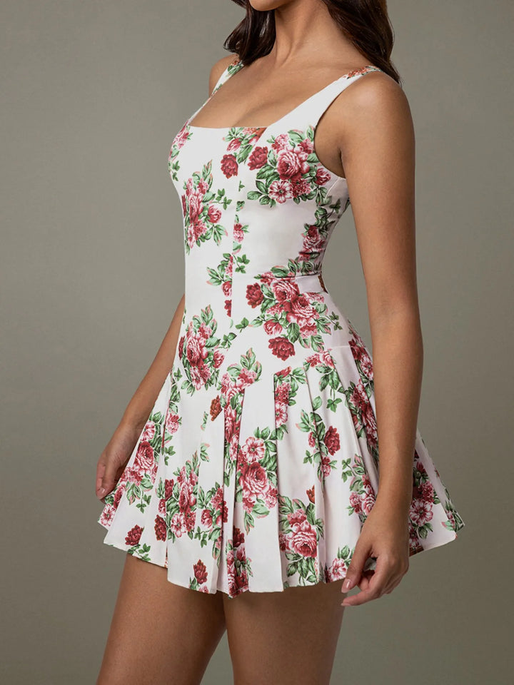 Ludowika Pleated Floral Print Square Neck Mini Dress