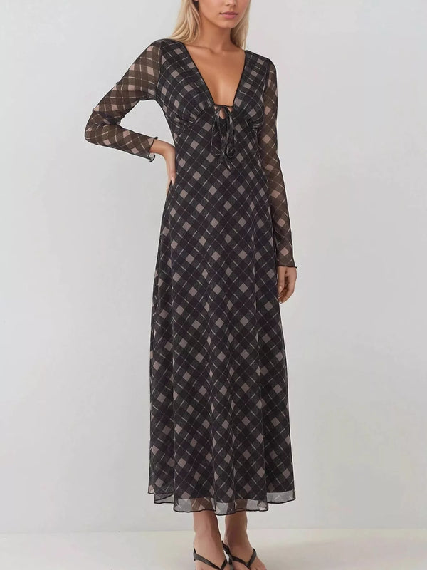 Ludowika Tie Front Plaid Long Sleeve Dress