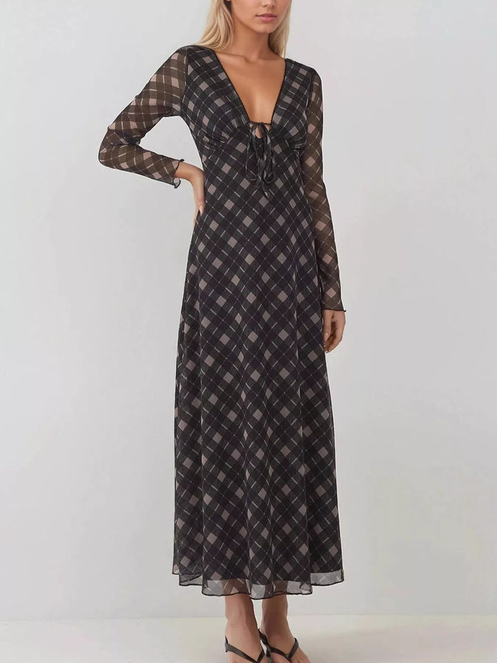 Ludowika Tie Front Plaid Long Sleeve Dress