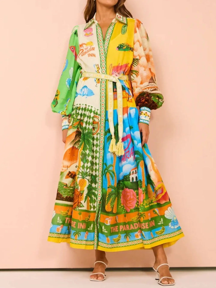 Ludowika Printed Lantern Sleeve Midi Shirt Dress