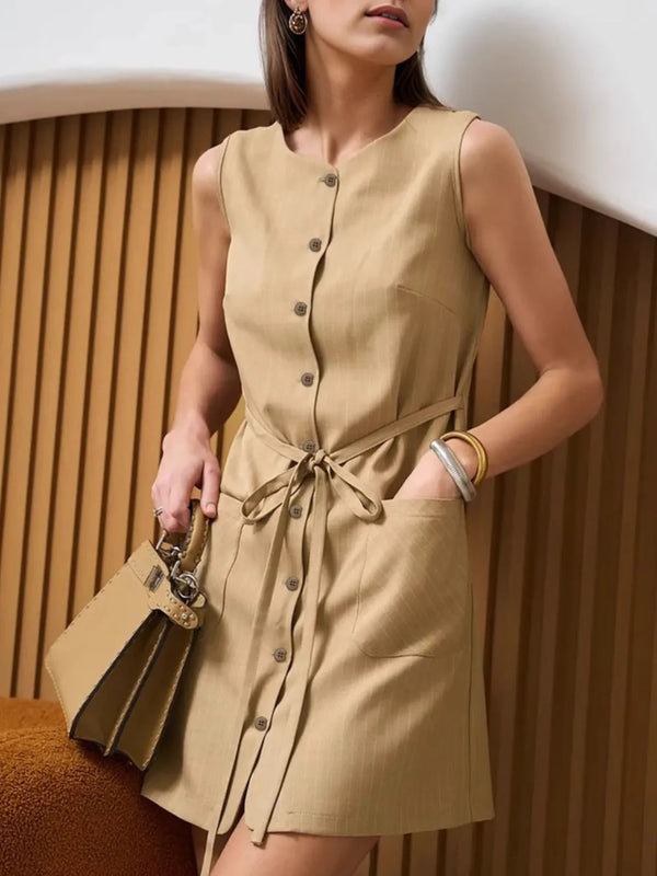 Ludowika Button-Front Sleeveless Mini Dress with Tie Waist