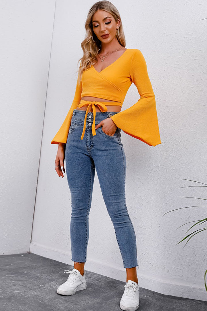 Ludowika Tie Front Flare Sleeve Cropped Top