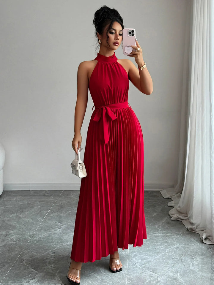 Ludowika Pleated Halter Neck Tie Waist Maxi Dress