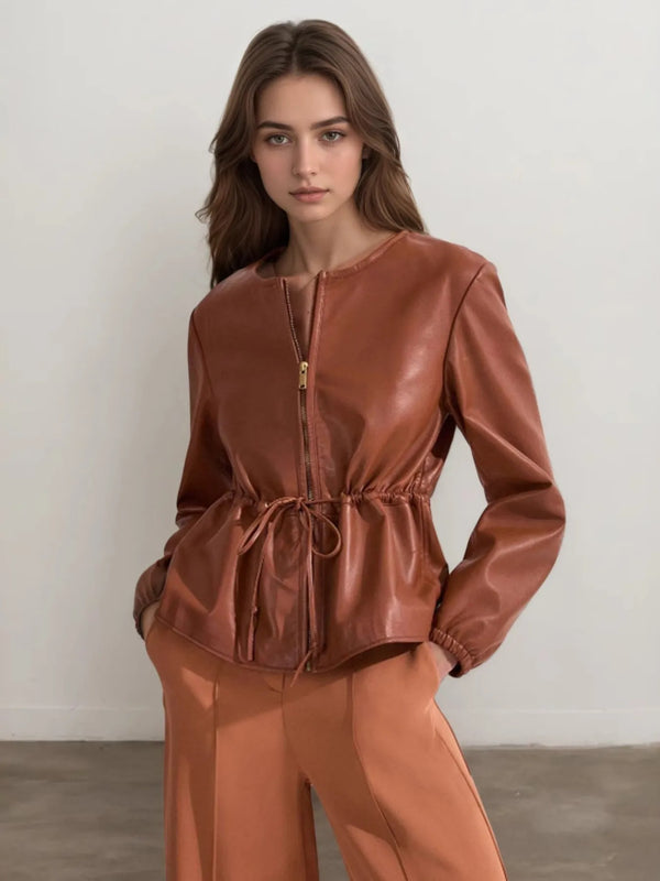 Ludowika Drawstring Zip Up Leather Jacket