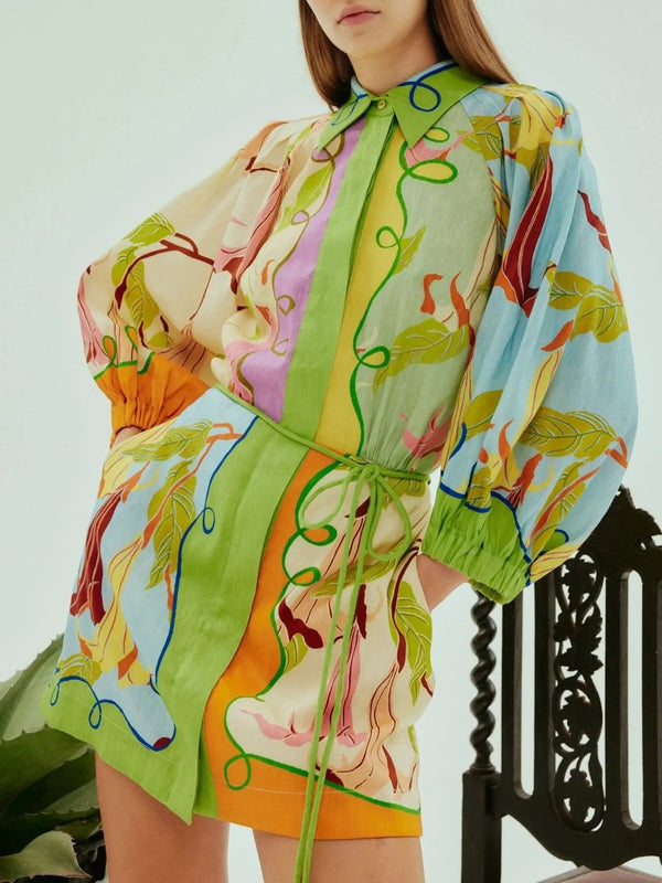 Ludowika Abstract Print Tie Front Mini Shirt Dress with Pockets