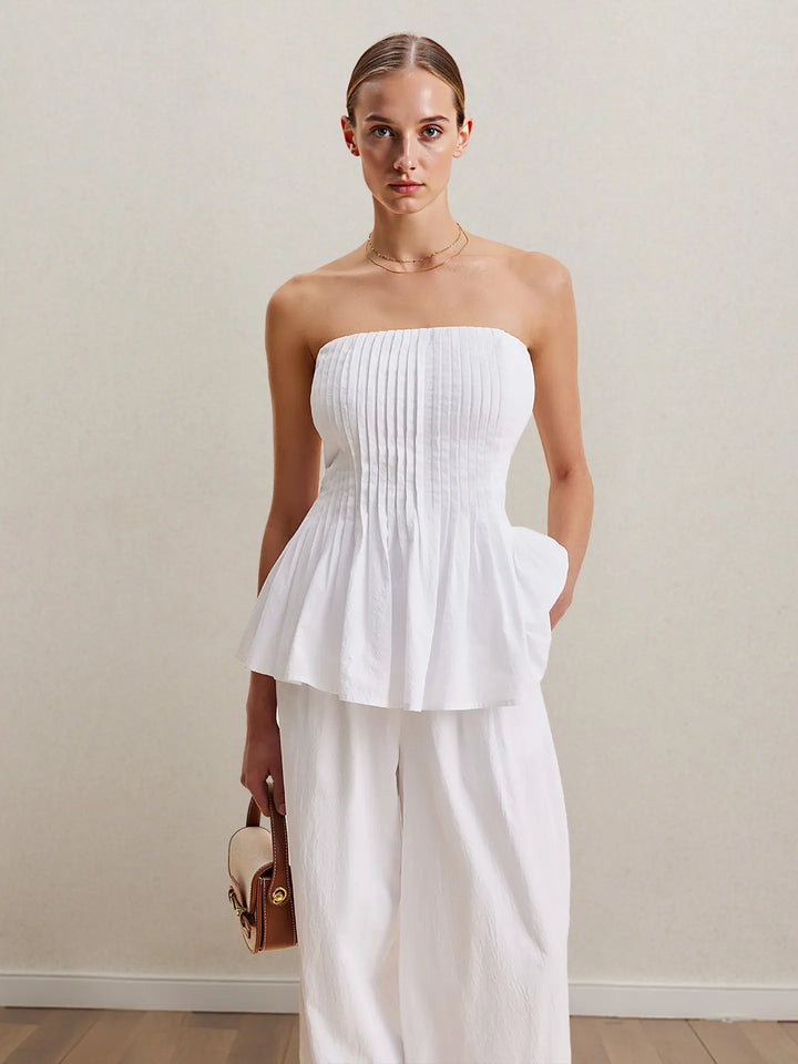 Ludowika Strapless Peplum Top and Wide Leg Pants Set