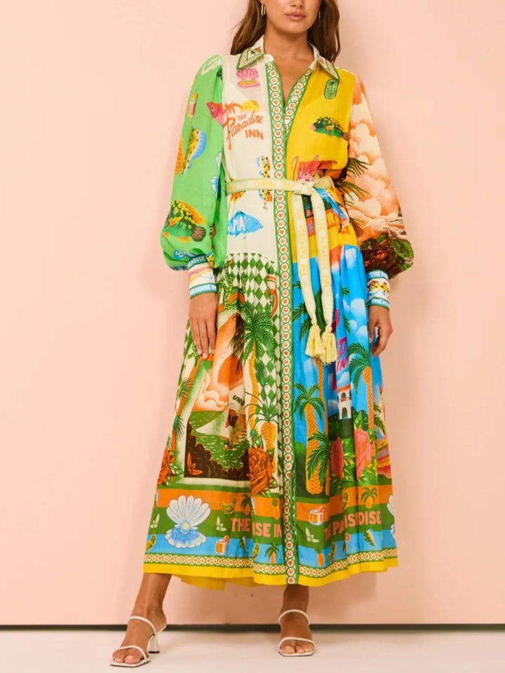 Ludowika Printed Lantern Sleeve Midi Shirt Dress