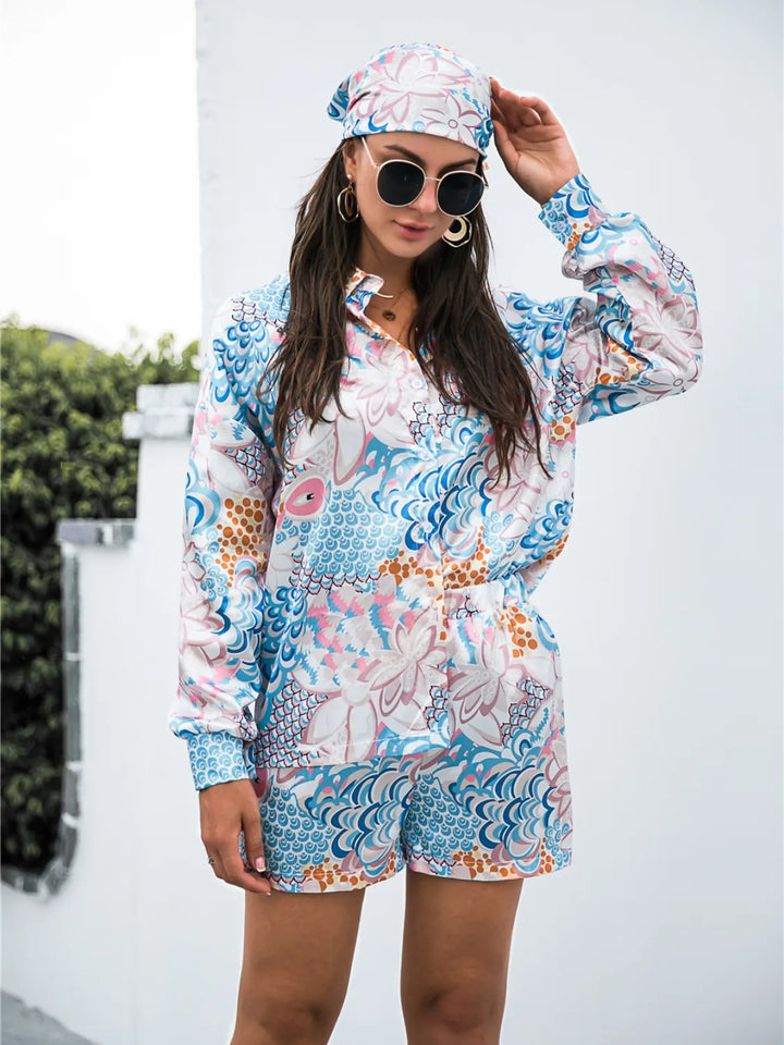 Ludowika Printed Button Up Long Sleeve Shirt and Shorts Set