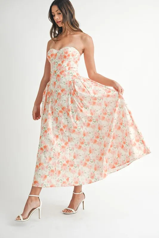 Sweetheart Neckline Floral Printed Midi Dress - Ludowika 