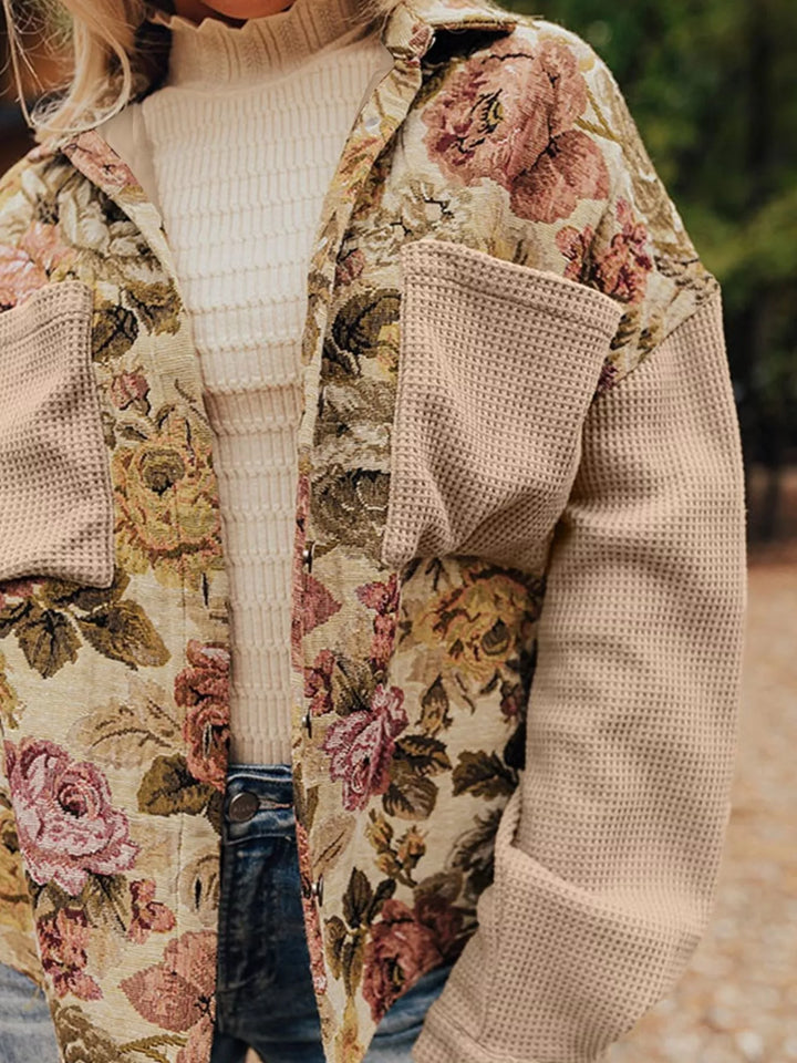Ludowika Floral Waffle Knit Patchwork Chest Pockets Buttoned Jacket