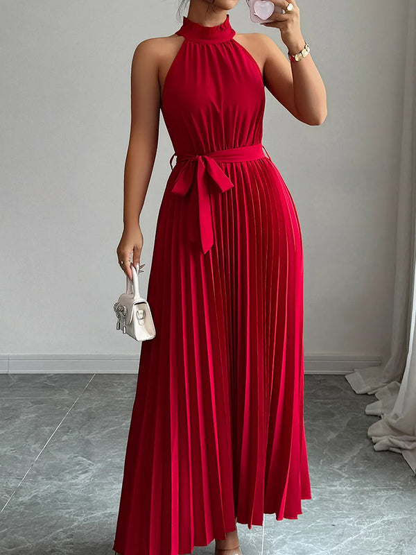 Ludowika Pleated Halter Neck Tie Waist Maxi Dress