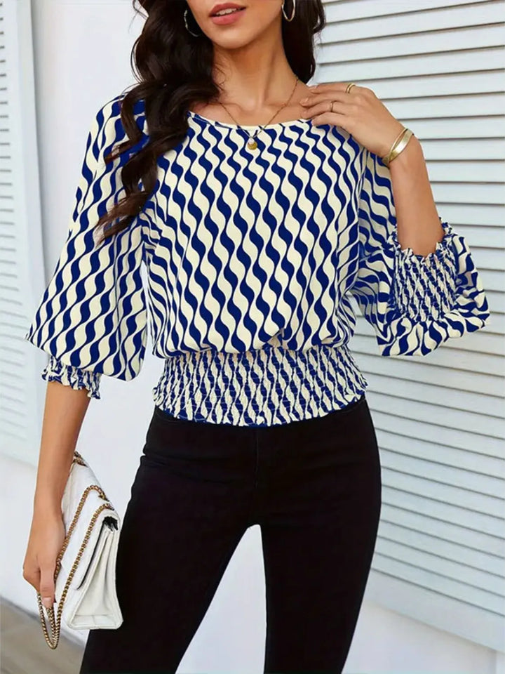 Ludowika Geometric Print Lantern Sleeve Smocked Waist Blouse