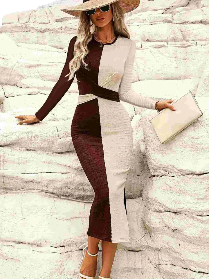 Ludowika Two Tone Slit Round Neck Long Sleeve Midi Dress
