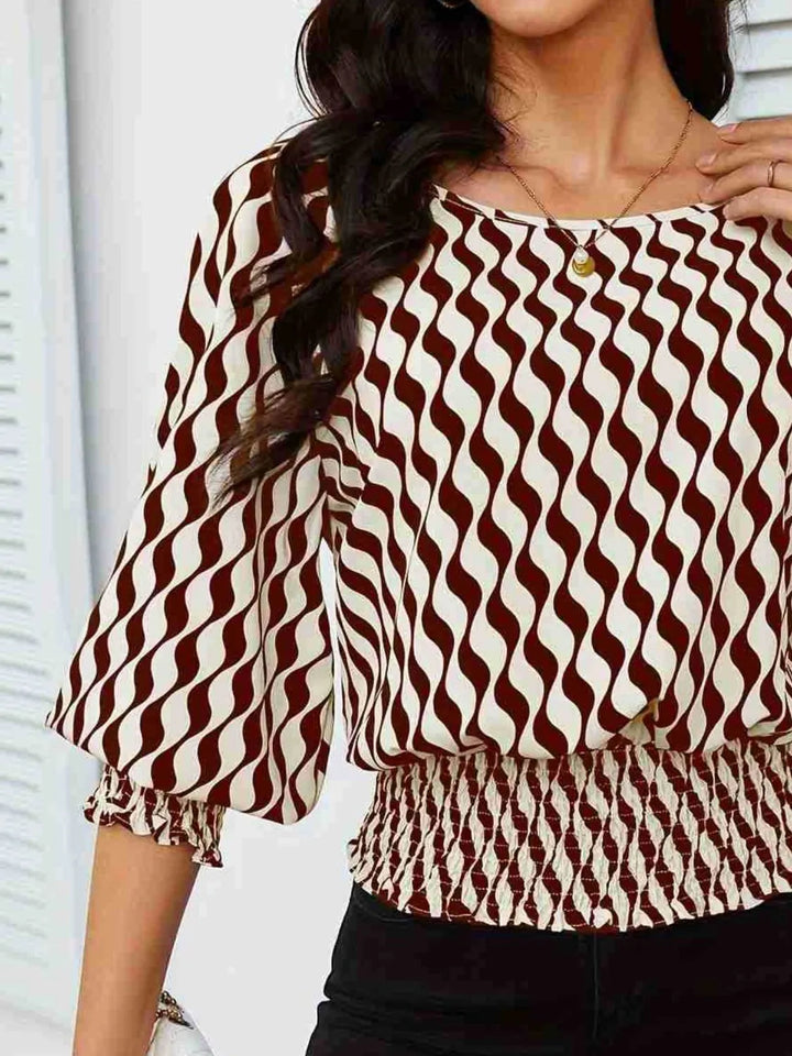 Ludowika Geometric Print Lantern Sleeve Smocked Waist Blouse
