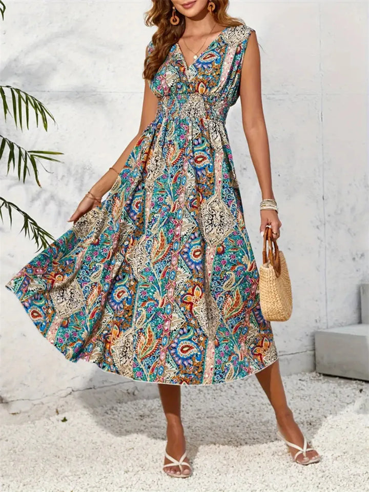 Ludowika Smocked Printed Surplice Sleeveless Midi Dress