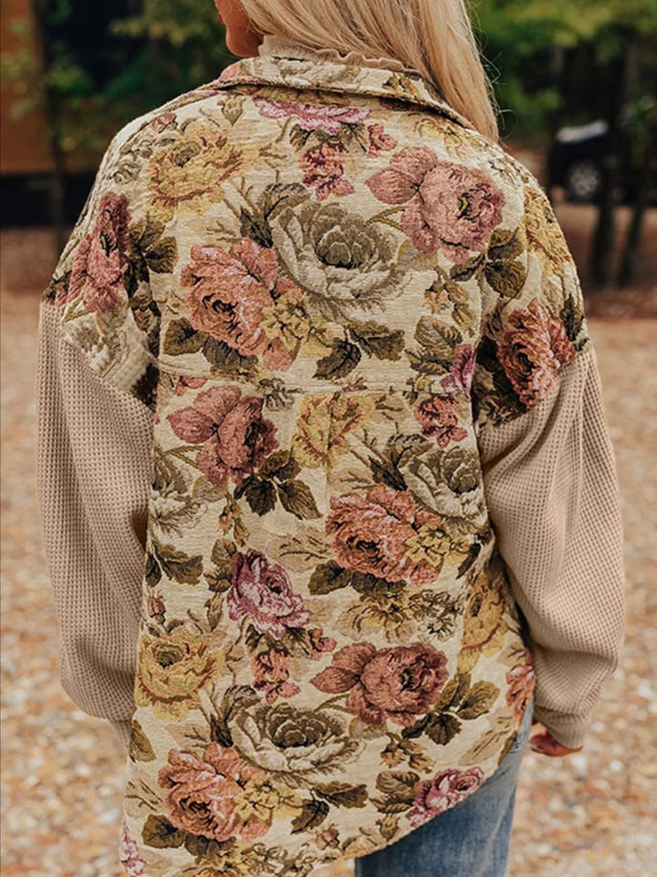 Ludowika Floral Waffle Knit Patchwork Chest Pockets Buttoned Jacket