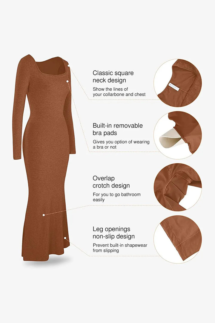 Ludowika Built-In Shapewear Square Neck Long Sleeve Maxi Dress