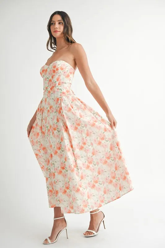 Sweetheart Neckline Floral Printed Midi Dress - Ludowika 