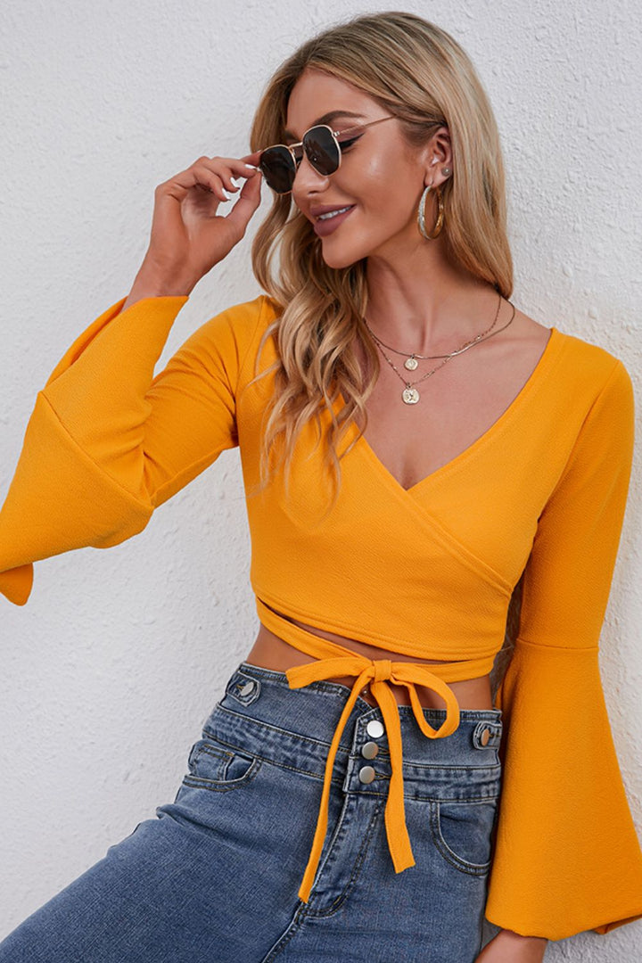 Ludowika Tie Front Flare Sleeve Cropped Top