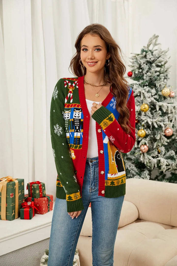 Ludowika Christmas Nutcracker Contrast V-Neck Long Sleeve Cardigan