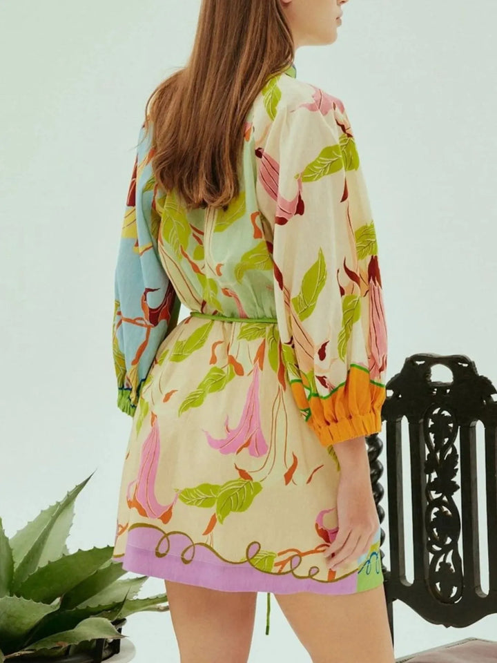 Ludowika Abstract Print Tie Front Mini Shirt Dress with Pockets