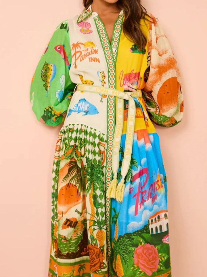 Ludowika Printed Lantern Sleeve Midi Shirt Dress