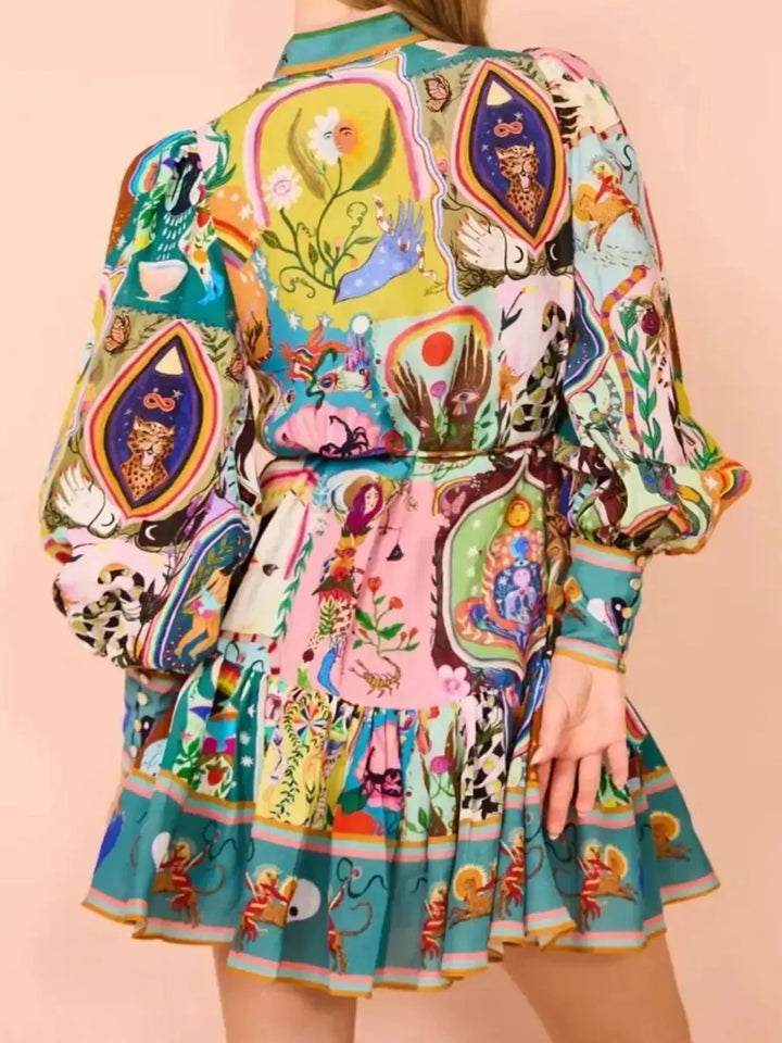 Ludowika Printed Long Sleeve Mini Dress with Belt