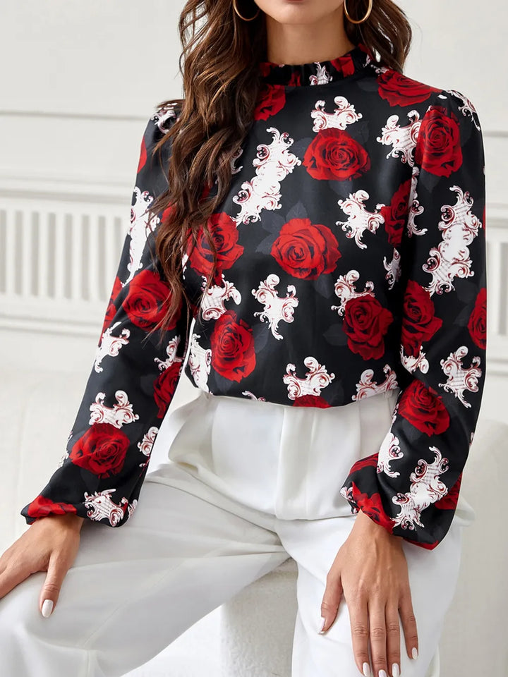 Ludowika Frill Floral Mock Neck Long Sleeve Top